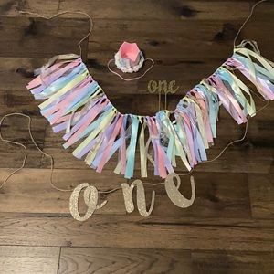 One year old rainbow hat, banners and cake topper
